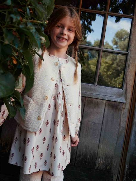 Vestido estampado de pana con volantes para niña beige maquillaje 