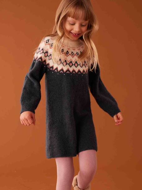 Vestido jacquard de punto tricot para niña azul oscuro 