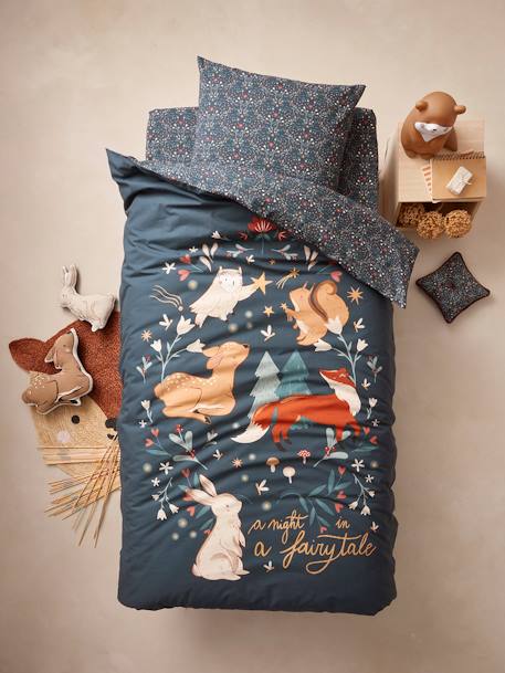 Conjunto funda nórdica + funda de almohada infantil de algodón reciclado - Broceliande verde estampado 