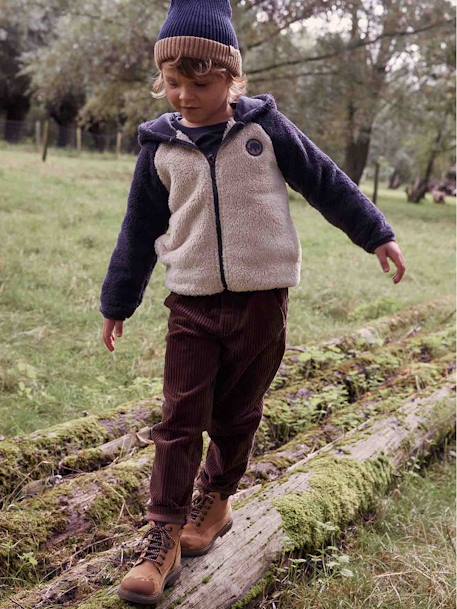 Pantalón de pana fácil de vestir para niño caramelo+verde pino 