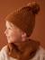 Conjunto gorro + snood + manoplas/mitones de punto trenzado para niño ocre+verde pino 