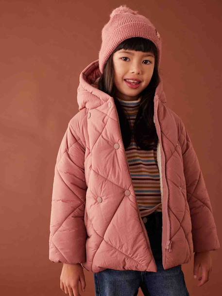 Chaqueta acolchada con capucha y forro de sherpa para niña azul marino+rosado 