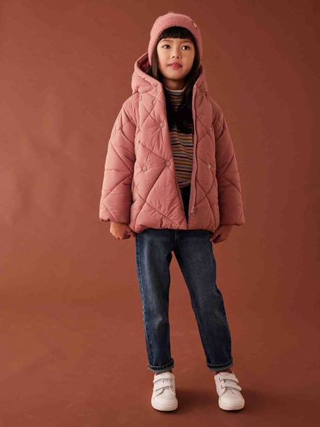 Chaqueta acolchada con capucha y forro de sherpa para niña azul marino+rosado 