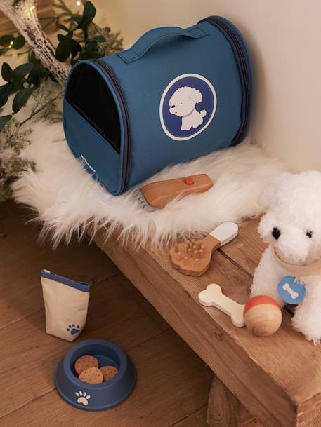 Peluche de animal de compañía + accesorios de madera certificada azul 