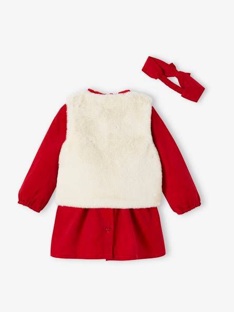 Conjunto de Navidad bebé: vestido, chaleco de pelo sintético, leotardos y cinta para el pelo a juego rojo 