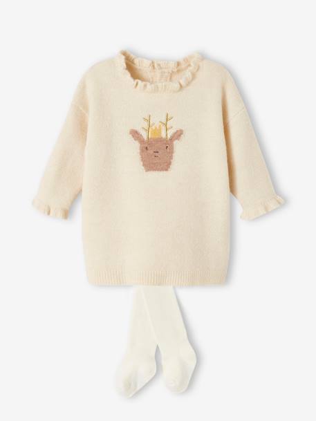 Conjunto de navidad para bebé vestido de punto tricot con reno + leotardos