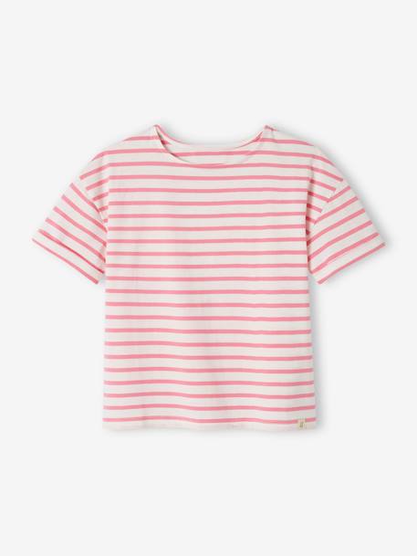 Camiseta marinera de manga corta para niña denim natural+rayas rosa 