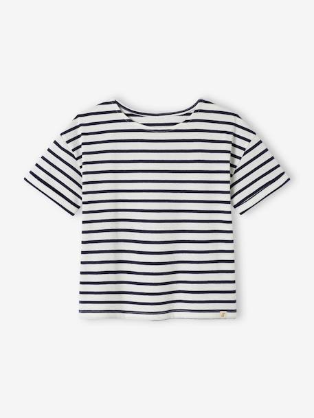 Camiseta marinera de manga corta para niña denim natural+rayas rosa 