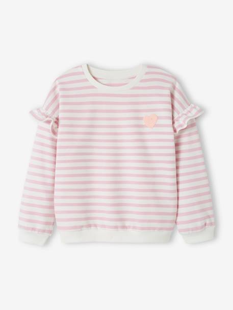 Sudadera marinera con volantes en las mangas para niña azul jeans+lila+rayas rosa 