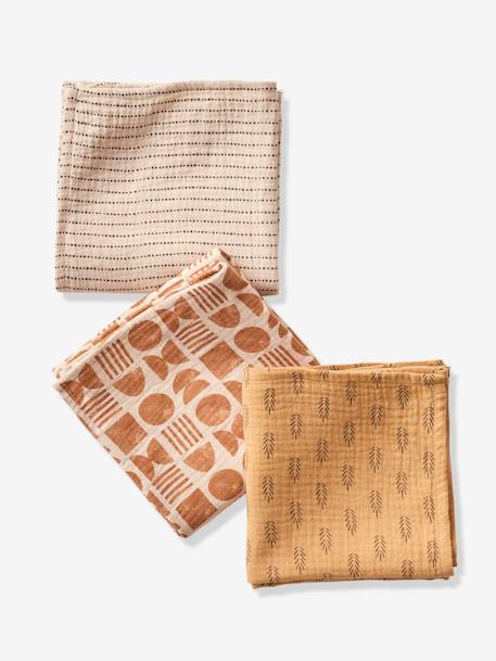 Pack de 3 paños de gasa de algodón ETHNIC beige estampado 