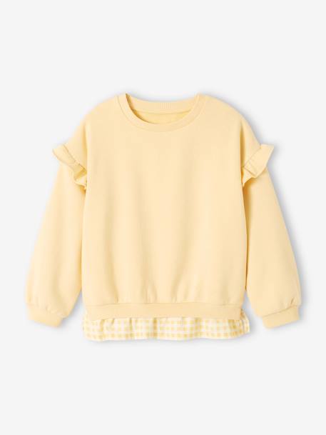 Sudadera con volantes de dos tejidos para niña amarillo pastel+rosa chicle 