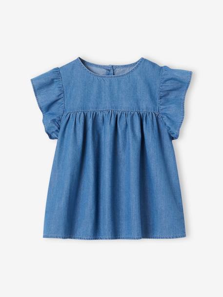 Blusa denim ligero de manga corta con volante para niña stone 