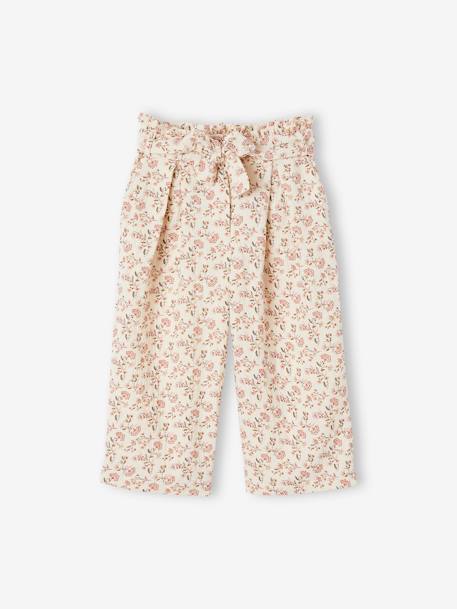 Pantalón pesquero ancho de gasa de algodón estilo «paperbag» para niña crudo+rosa viejo+verde sauce 