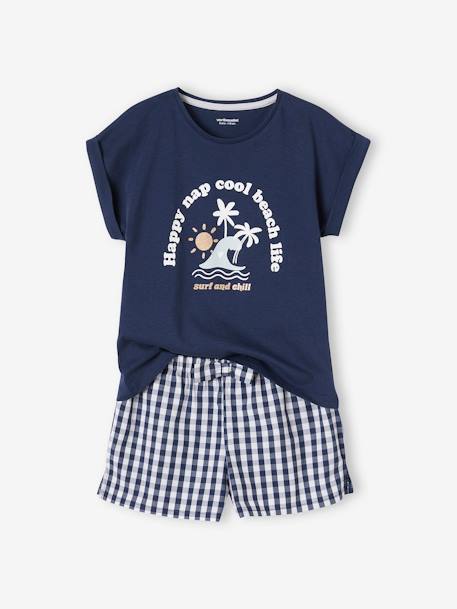 Pijama con short estampado palmeras de punto y popelina vichy niña azul eléctrico 