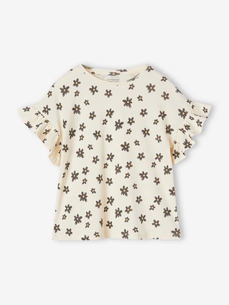 Camiseta de canalé con estampado de flores para niña beige+blanco estampado 