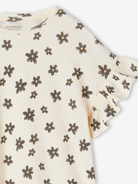 Camiseta de canalé con estampado de flores para niña beige+blanco estampado 