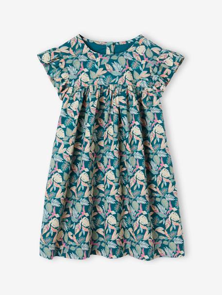 Vestido de manga corta con estampado y volantes para niña crudo+rosa rosa pálido+verde pino 