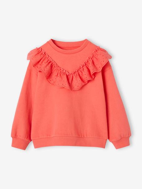 Sudadera con volante de bordado inglés para niña coral+vainilla 