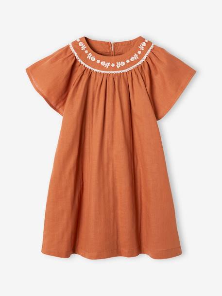 Vestido bordado efecto lino para niña caramelo 