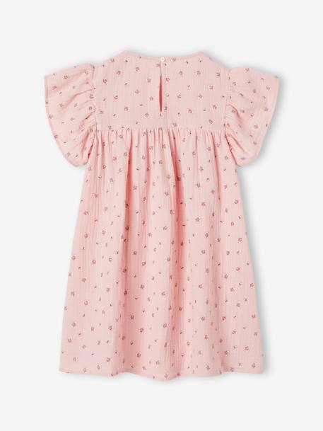 Vestido con estampado de flores de gasa de algodón para niña azul grisáceo+crudo+rosa 