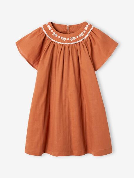 Vestido bordado efecto lino para niña caramelo 