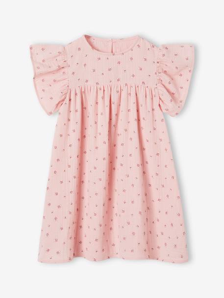 Vestido con estampado de flores de gasa de algodón para niña azul grisáceo+crudo+rosa 