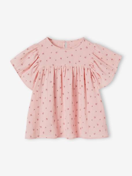 Blusa estampada de gasa de algodón orgánico para niña con mangas tipo mariposa crudo+rosa 