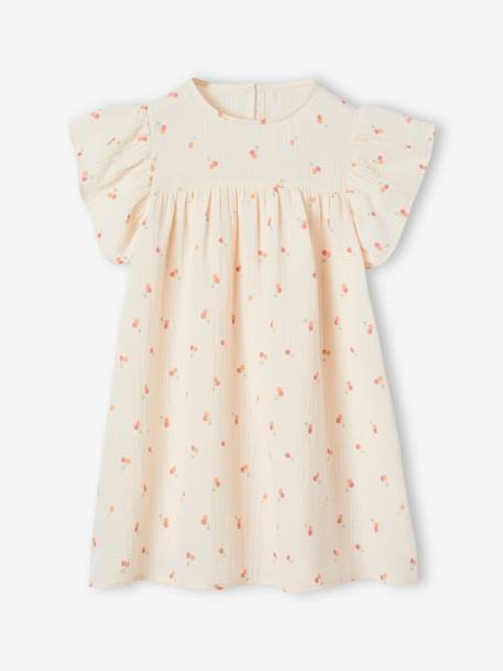 Vestido con estampado de flores de gasa de algodón para niña azul grisáceo+crudo+rosa 