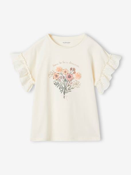 Camiseta con ramo de flores en relieve y mangas bordadas para niña vainilla 