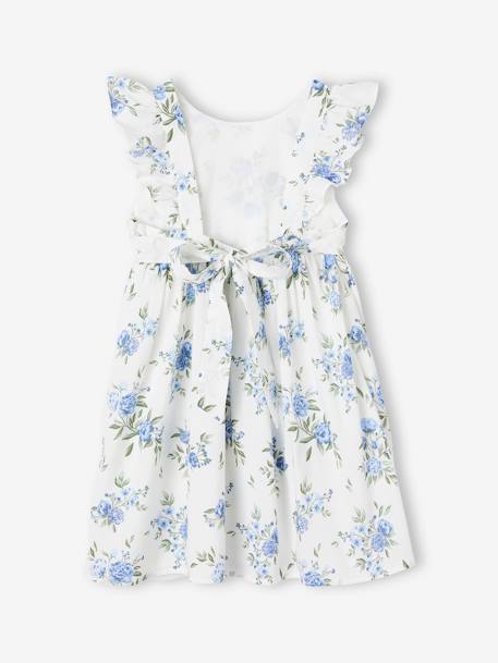 Vestido de ceremonia con volantes y motivos de flores, para niña azul estampado+vainilla 