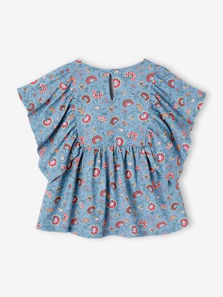 Camiseta blusa con flores, para niña azul petróleo+multicolor+vainilla 