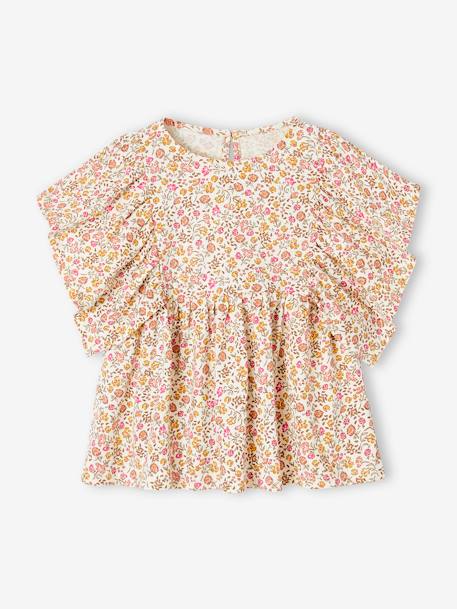 Camiseta blusa con flores, para niña azul petróleo+multicolor+vainilla 