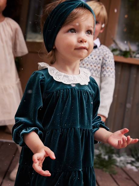 Estuche regalo de Navidad con vestido de terciopelo + cinta para el pelo, bebé niña verde esmeralda 