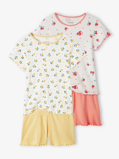 Pack de 2 pijamas con short y estampado frutas de punto de canalé para niña crudo 