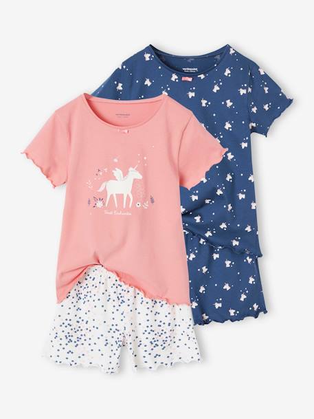 Pack de 2 pijamas con short con unicornios para niña azul oscuro 