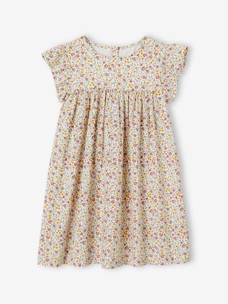 Vestido de manga corta con estampado y volantes para niña crudo+rosa rosa pálido+verde pino 