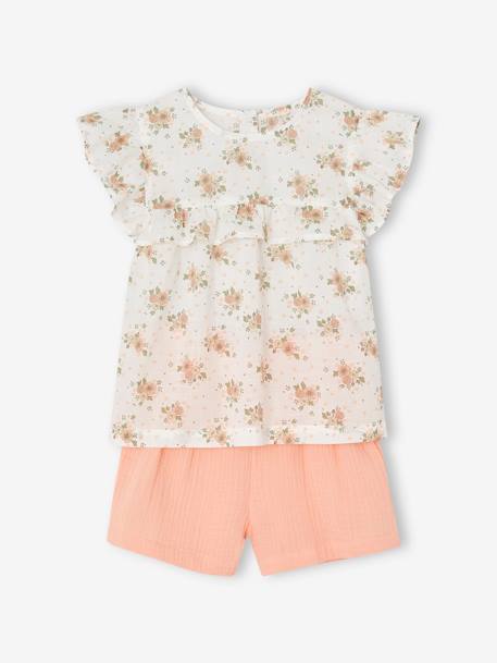 Conjunto de fiesta para niña - Blusa con volantes y short de gasa azul estampado+rosa estampado 