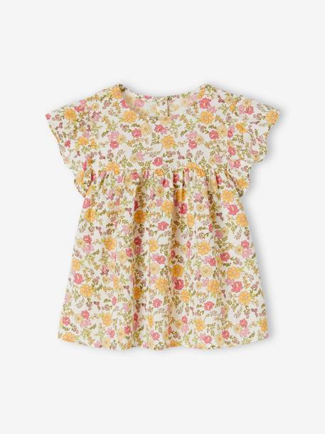 Blusa de manga corta con volantes y motivos de flores para niña naranja estampado+rosa rosa pálido 