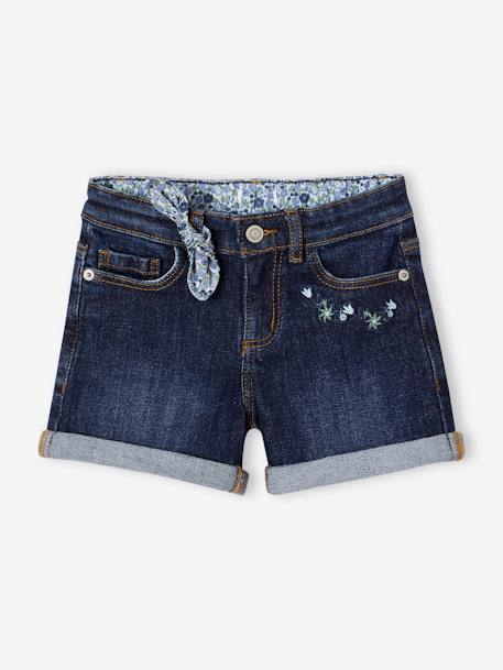 Short vaquero bordado con lacito estampado de flores, para niña denim natural+doble stone 