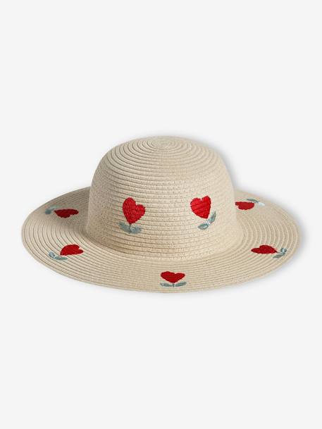 Sombrero forma capelina aspecto paja con corazones para niña madera 