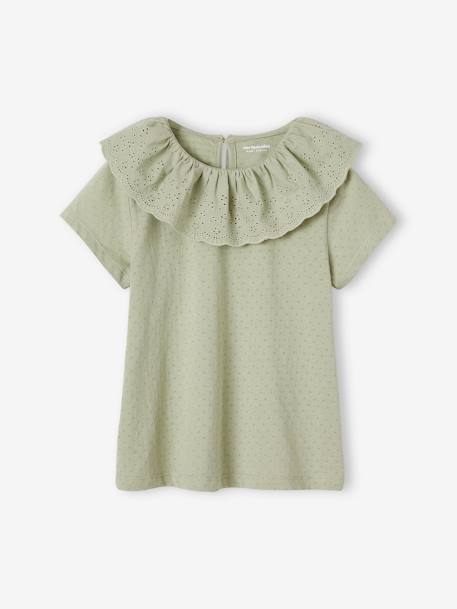 Camiseta con cuello de bordado inglés para niña crudo+rosa viejo+verde sauce 