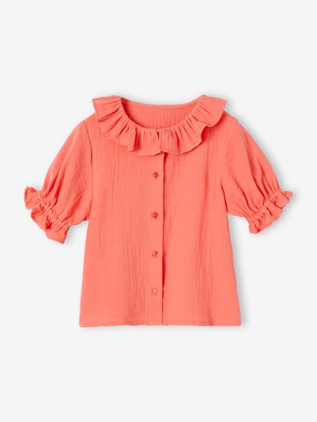 Blusa con cuello de gasa de algodón para niña coral+crudo 