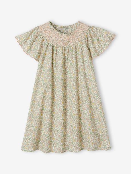 Vestido con estampado de flores, smocks y mangas mariposa para niña vainilla 