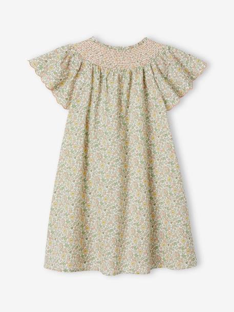 Vestido con estampado de flores, smocks y mangas mariposa para niña vainilla 