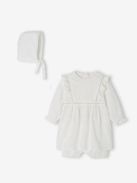 Conjunto de fiesta para bebé: vestido, pantalón bombacho y gorro blanco 