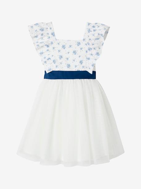 Vestido de ceremonia con volantes para niña azul estampado+rosa estampado 