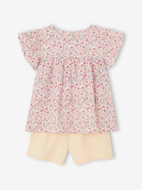 Conjunto blusa de flores y short de gasa de algodón para niña amarillo pastel+vainilla 