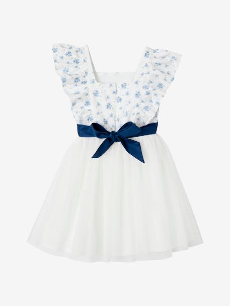 Vestido de ceremonia con volantes para niña azul estampado+rosa estampado 