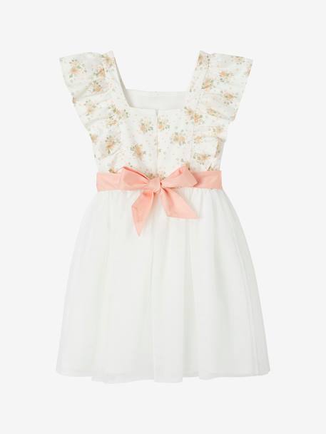 Vestido de ceremonia con volantes para niña azul estampado+rosa estampado 