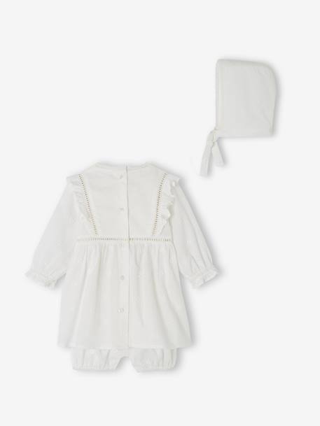 Conjunto de fiesta para bebé: vestido, pantalón bombacho y gorro blanco 